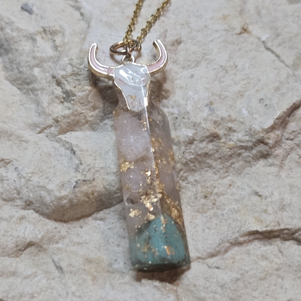 Rose Quartz & Turquoise Resin Cylinder Pendant Necklace | Gold Foil Accent | 20” - Picture 5 of 10